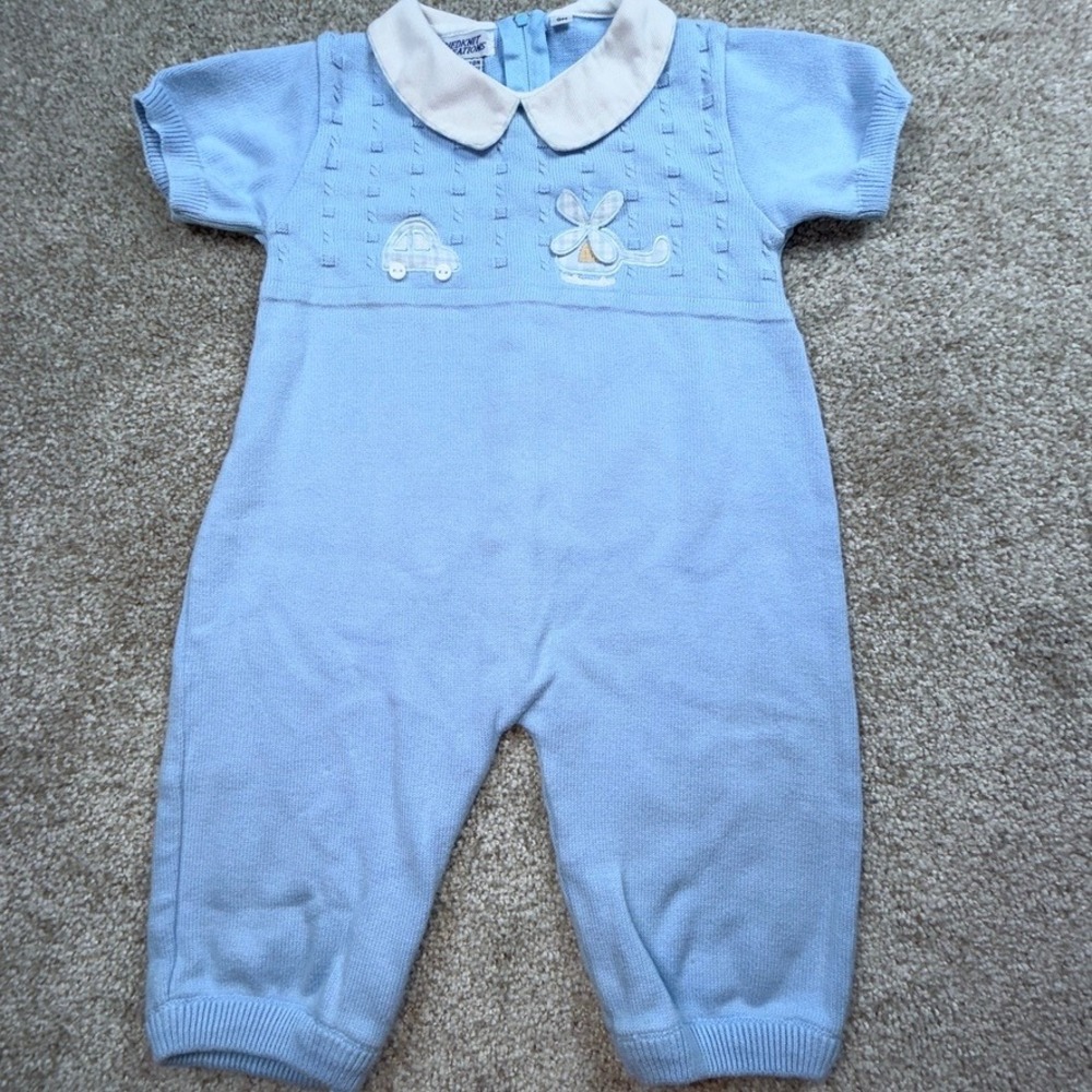 Friedknit Creations Baby Boy Blue Knit Romper Peter Pan Collar Car Helicopter 9M